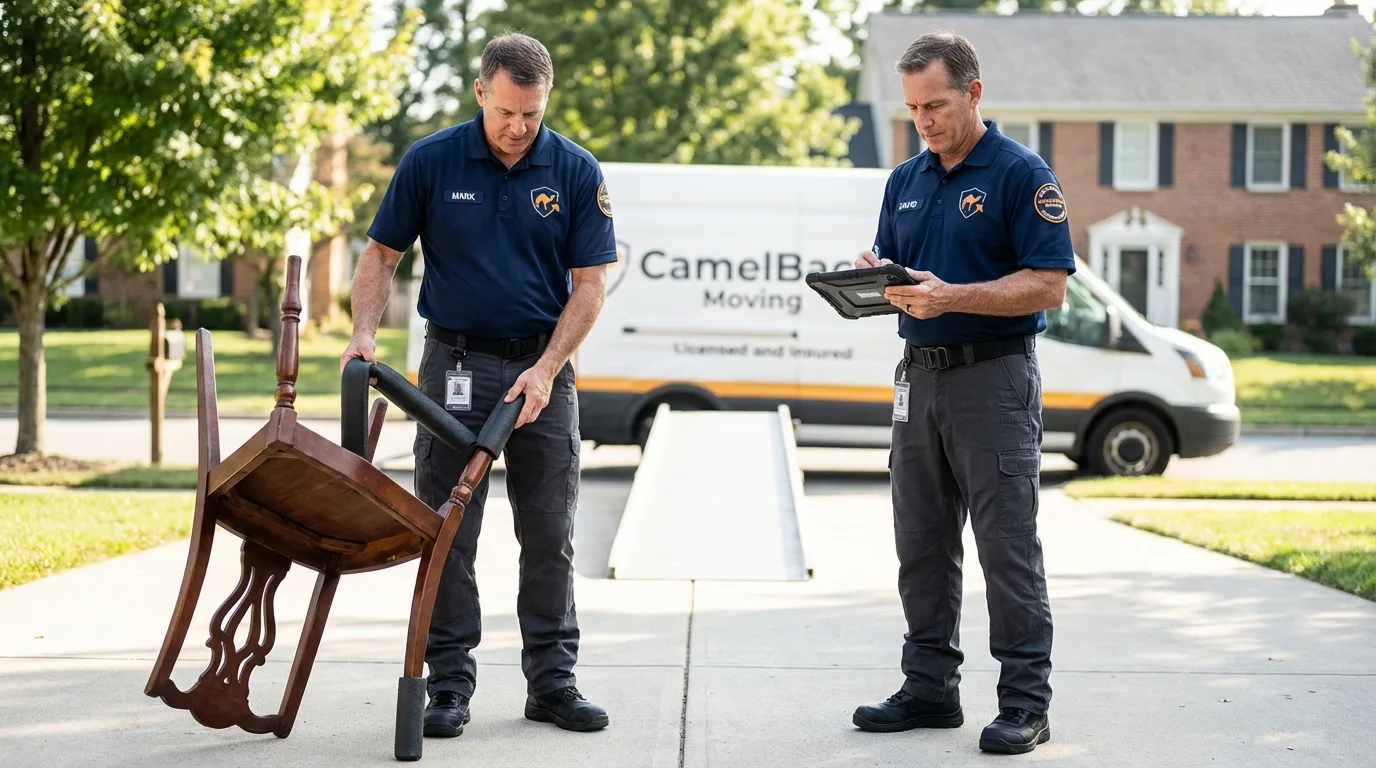 Movers inspecting furniture for damage prevention before loading in Silver Springs, NV